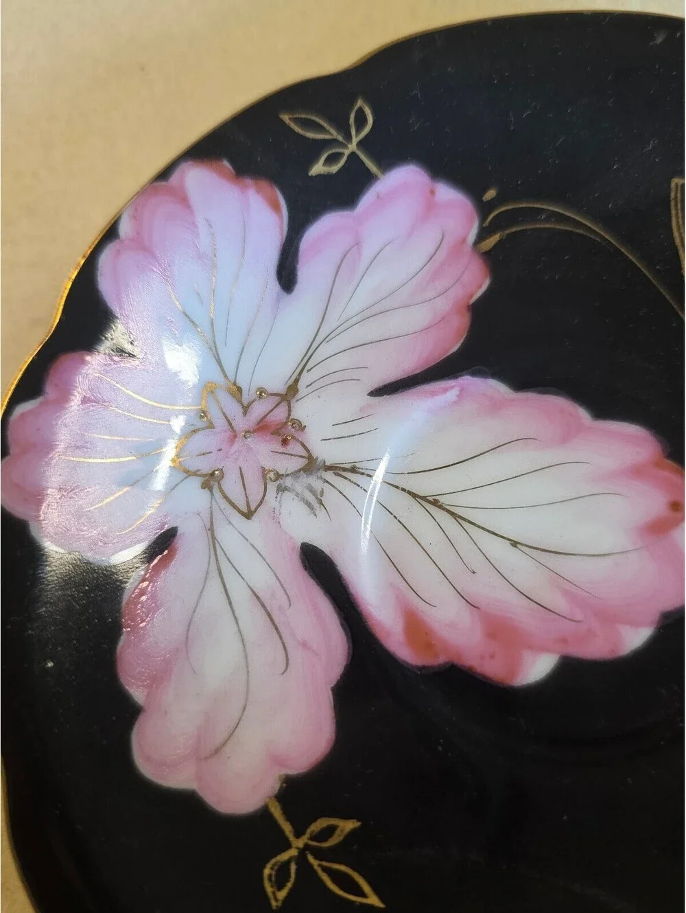 Vintage Dresden Occupied Japan Teacup Saucer Black Pink Floral Gold Trim